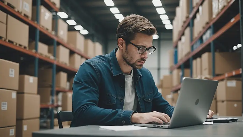 A person analyzing data on a laptop at a warehouse, focusing on supply chain management processes.