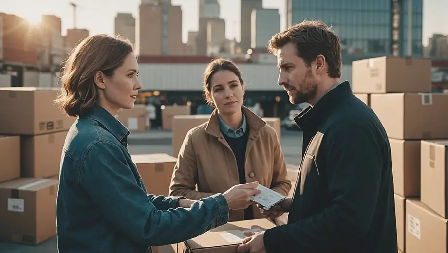 A customer discusses shipping service options with a professional on site, surrounded by boxes and shipping materials, showcasing a collaborative atmosphere.