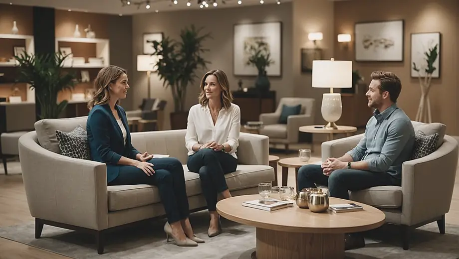 A customer and a professional engage in a discussion about lounge furniture options at a stylish showroom, surrounded by various seating arrangements and decor.