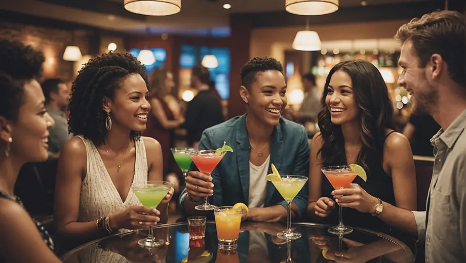 A lively cocktail lounge scene with diverse groups of friends enjoying colorful drinks, laughing, and engaging in conversation under soft ambient lighting.