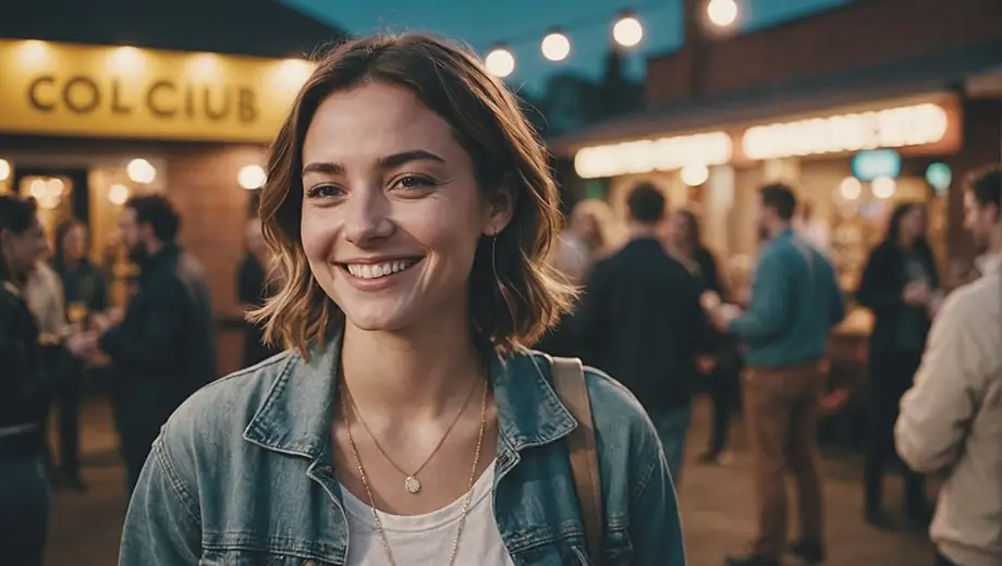A person stands outside a vibrant social club, smiling and engaging with friends in a lively atmosphere.
