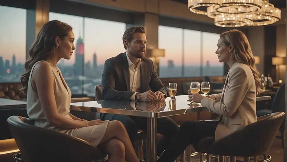 A customer and a professional discuss design elements in a stylish bar lounge, surrounded by modern furnishings and ambient lighting.