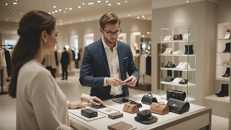 A customer admires a selection of luxury goods while a professional provides expert advice on the latest trends and features, both engaged in a personalized shopping experience.