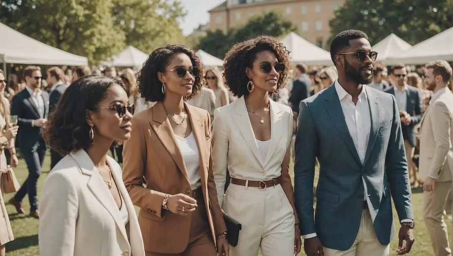 A diverse group of stylish individuals enjoying a sunny day while showcasing their luxury brand outfits at an upscale outdoor event.