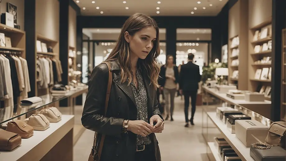 A stylish individual browsing through a high-end retail store, surrounded by luxury merchandise and elegant displays.