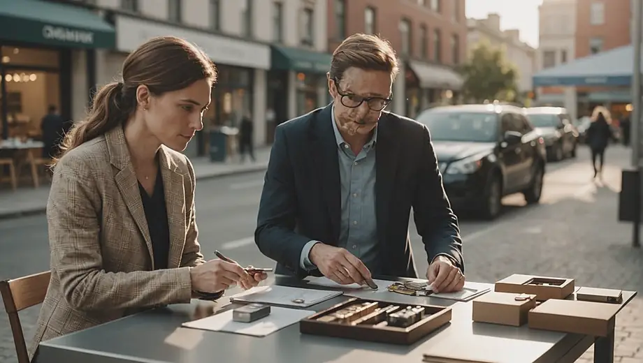 A customer and a professional engage in a discussion on site, examining premium goods displayed on a sleek table, showcasing high-quality materials and craftsmanship.
