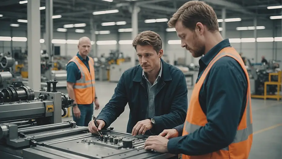 A customer and a professional discuss manufacturing processes on-site, examining machinery and reviewing production plans together.