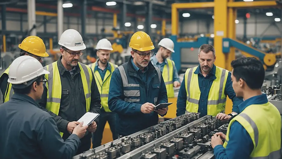 A diverse group of workers collaborating in a manufacturing company, inspecting machinery and discussing production processes in a busy factory setting.