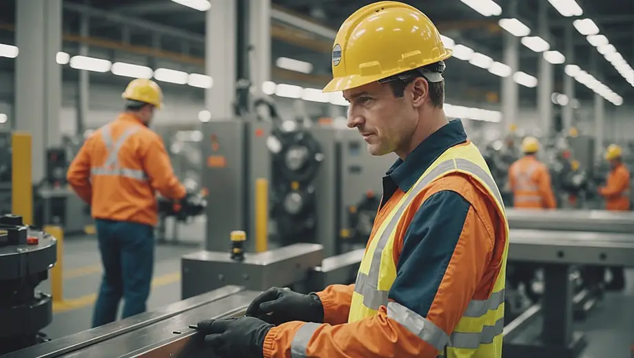 A worker in safety gear inspects machinery inside a modern production facility.