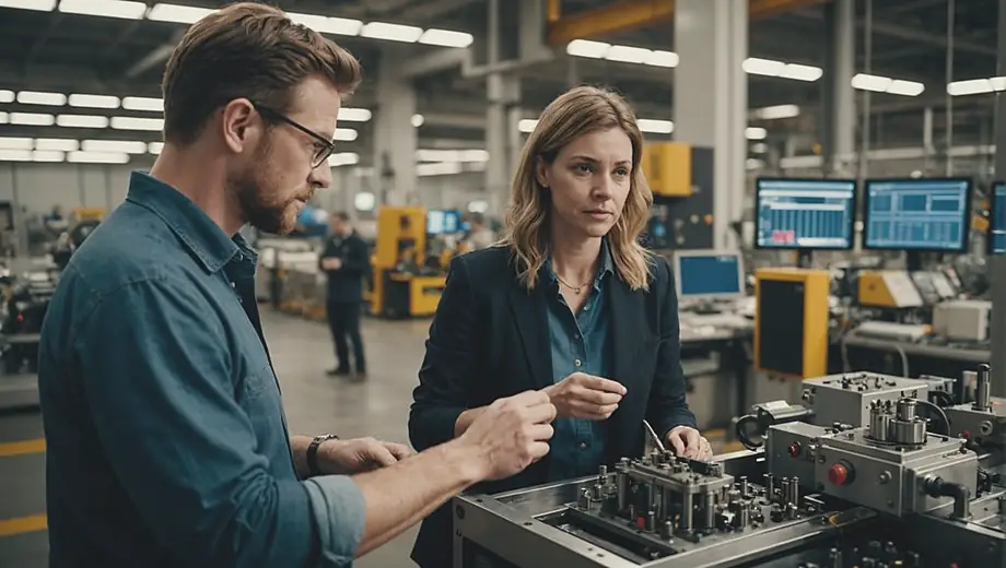 A customer and a professional discuss equipment specifications inside a busy manufacturing plant, surrounded by machinery and production lines.