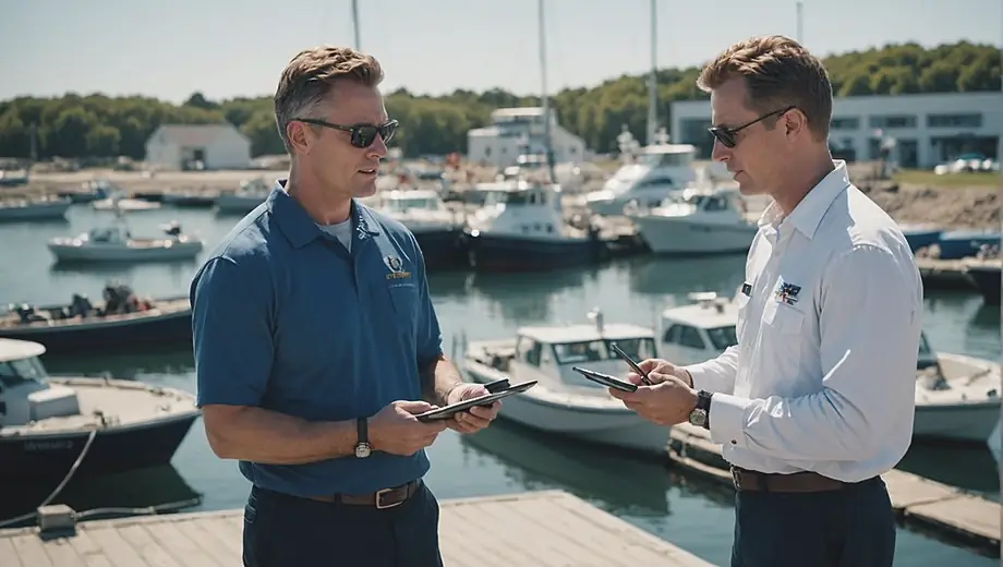 A customer and a marine professional discuss project details on-site, surrounded by boats and marine equipment under a clear blue sky.