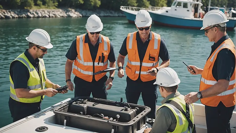 A diverse group of professionals engaged in marine services, working on a boat while inspecting equipment and discussing safety protocols by the water.