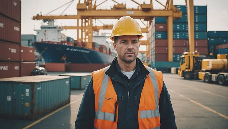 A worker in safety gear inspects equipment at a bustling maritime industry site, surrounded by ships and cargo containers.