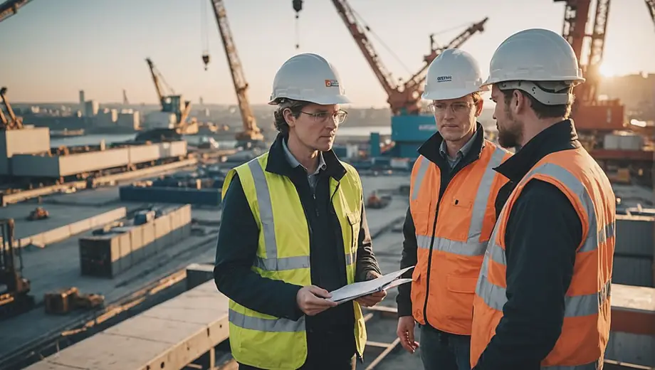 A customer and a professional discuss project specifications on a shipbuilding site, surrounded by large vessels and construction equipment.