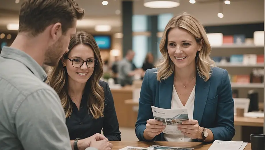 A customer and a marketing professional engage in a discussion on-site, reviewing promotional materials and strategies to enhance brand visibility.
