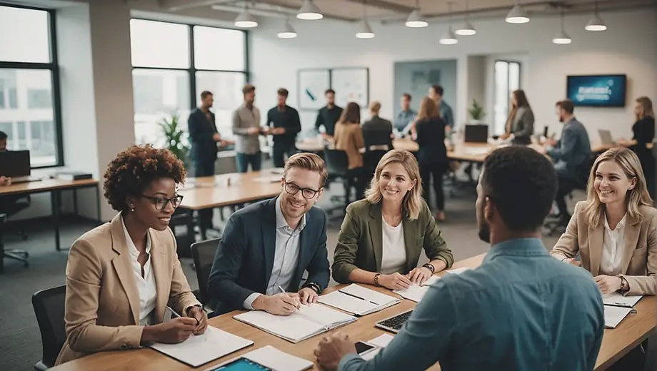 A diverse group of professionals collaborating in a modern office, brainstorming marketing strategies for a marketing agency.