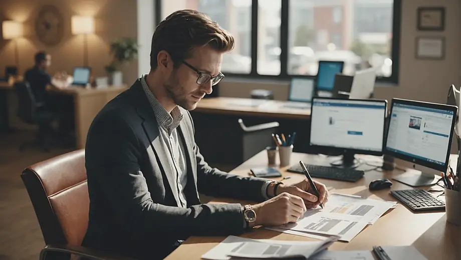 A professional setting with a single person reviewing advertising service materials at a desk, surrounded by marketing tools and a laptop.