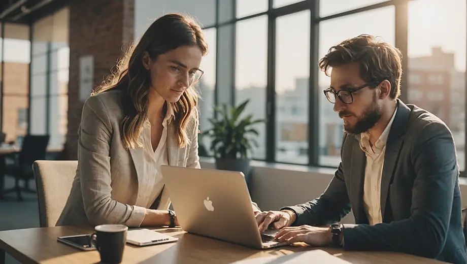 A customer and a digital marketing professional engage in a discussion on-site, reviewing strategies and analyzing data on a laptop, with a vibrant office environment in the background.