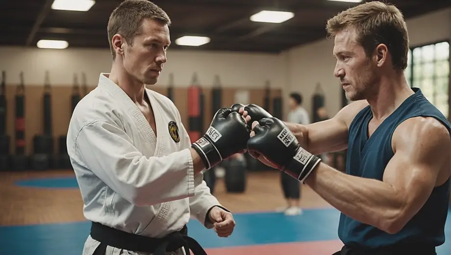 A customer and a professional instructor engage in a training session at a Martial Arts Studio, showcasing techniques and demonstrating focus in a dynamic environment.