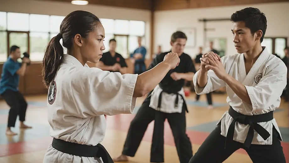 A diverse group of students practicing techniques at a martial arts school, demonstrating focus and teamwork during a training session.