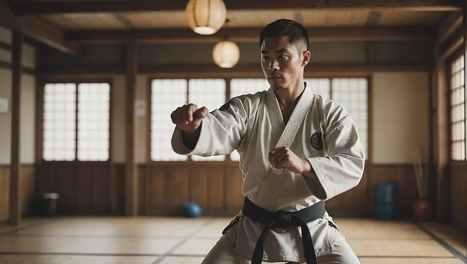 A focused individual practicing martial arts techniques in a traditional dojo, surrounded by wooden beams and tatami mats.