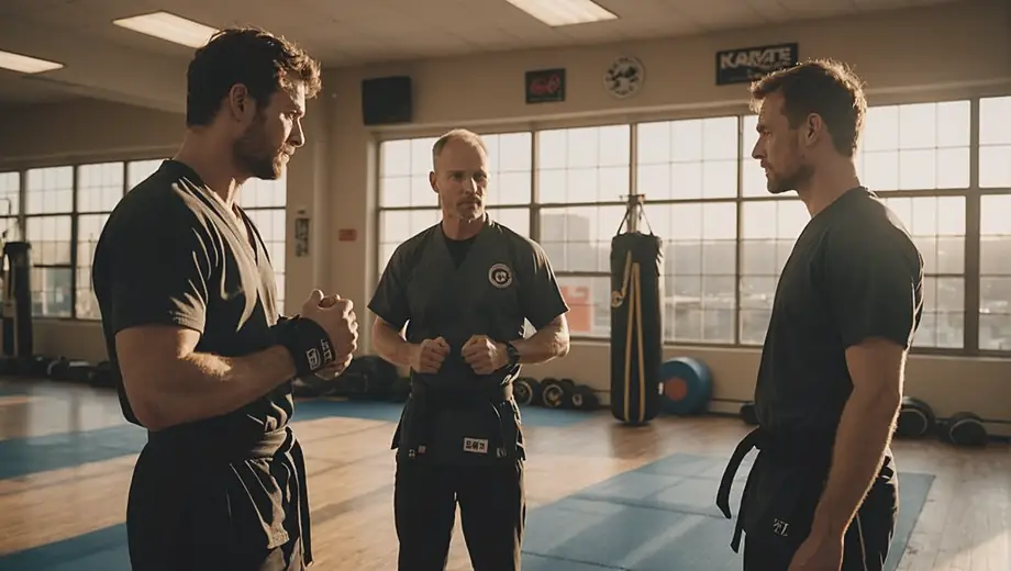 A customer and a professional instructor engage in a focused discussion at a karate studio, surrounded by martial arts equipment and training mats.