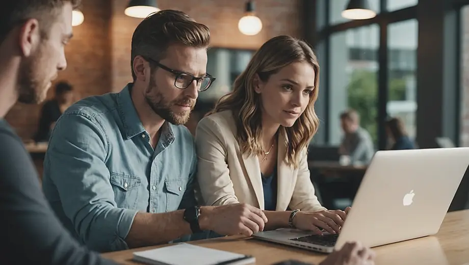 A customer and a professional collaborate on-site, discussing media strategies while reviewing digital content on a laptop.