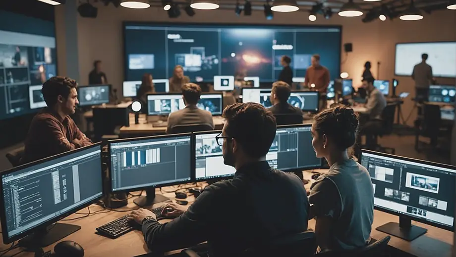 A diverse group of individuals collaborates in a vibrant media production studio, surrounded by cameras, lighting equipment, and computer screens displaying editing software.