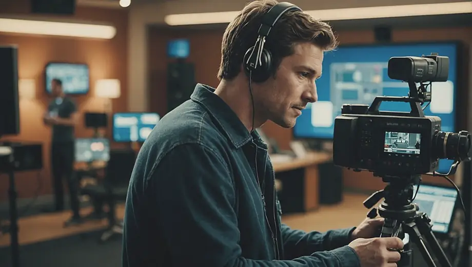 A person stands in front of a broadcasting studio, adjusting equipment while preparing for a live transmission.