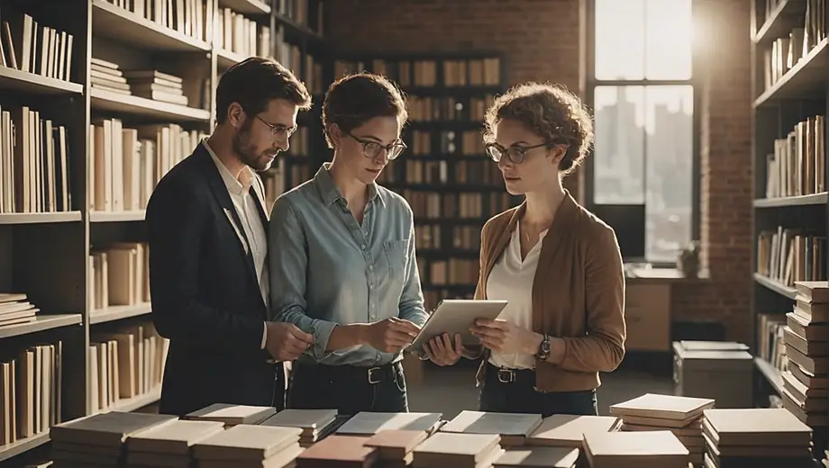 A customer and a professional discuss publishing strategies on site, surrounded by stacks of books and digital devices, highlighting a collaborative atmosphere.