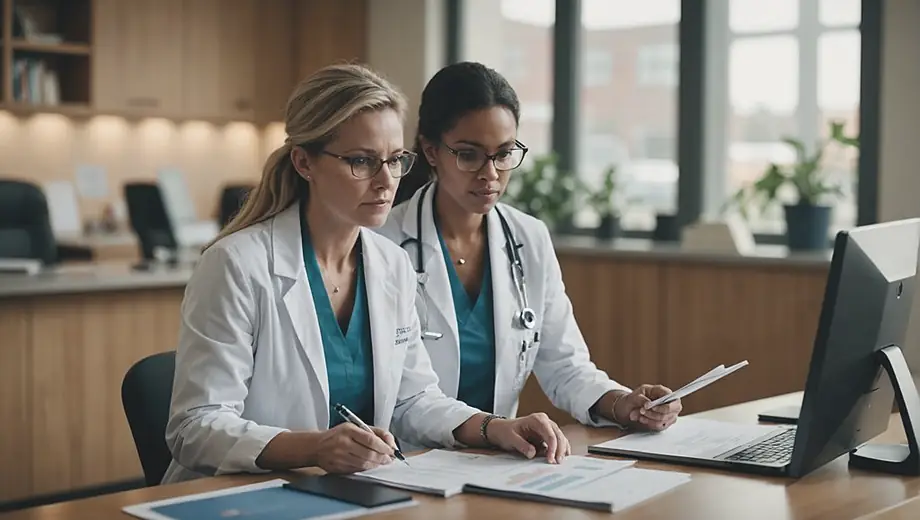 A customer consults with a medical professional on site, discussing treatment options while reviewing health documents in a well-lit office.