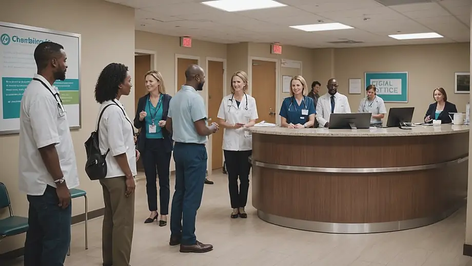 A diverse group of people interacting in a medical center, including patients checking in at the reception, healthcare professionals discussing in a hallway, and families waiting in a comfortable waiting area.