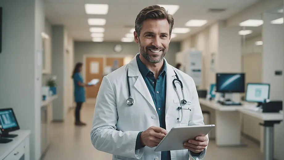 A healthcare provider stands confidently in a modern clinic, wearing a lab coat and holding a tablet, ready to assist patients with a warm smile.