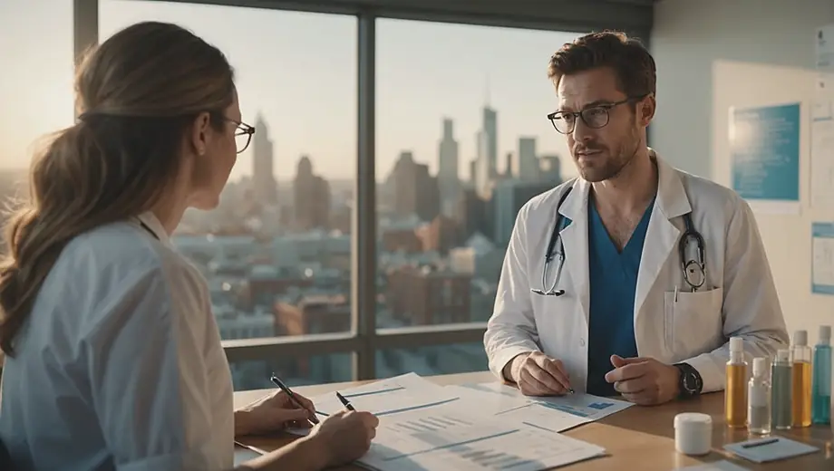 A customer discusses treatment options with a professional in a modern medical practice, surrounded by medical charts and equipment.