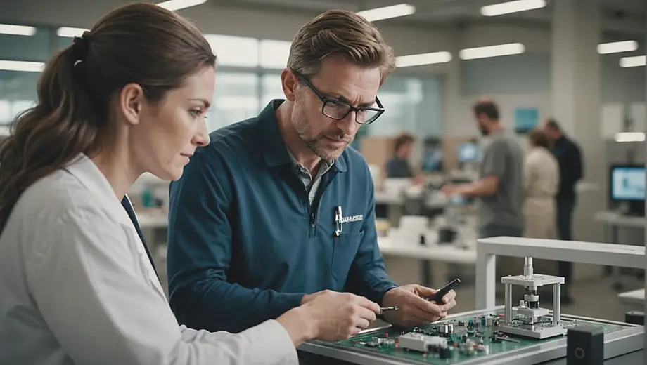 A customer engages with a professional on site, discussing the features and benefits of a medical device while examining its components.