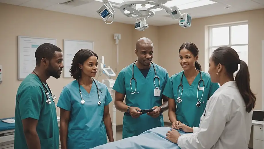 A diverse group of healthcare professionals collaborates in a bright hospital room, utilizing advanced medical equipment to provide patient care and ensure accurate diagnoses.