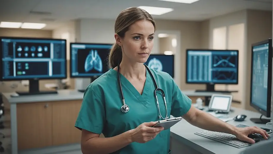 A healthcare professional in scrubs operates advanced medical technology in a modern clinic, focusing intently on a digital display.