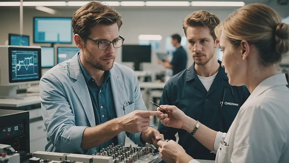 A customer discusses specifications with a professional at a medical device manufacturer’s facility, surrounded by advanced equipment and prototypes.