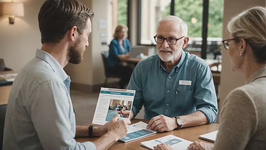 A customer and a professional discuss Medicare options on-site, with informational brochures and a laptop open between them, highlighting a personalized consultation.