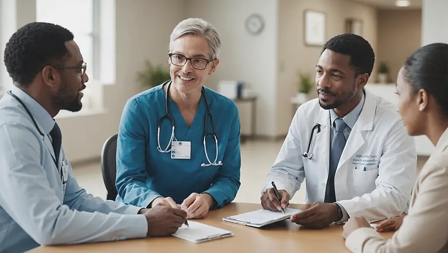 A diverse group of healthcare professionals discussing patient care options with a Medicare provider in a bright, modern clinic setting.