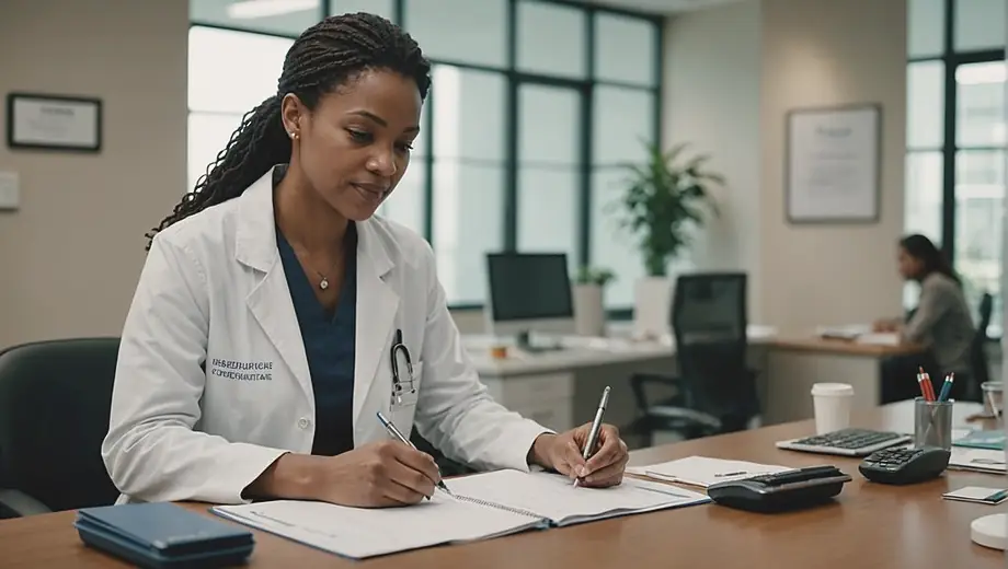 A healthcare professional stands at a desk in a bright office, assisting a client with Medicare service options.