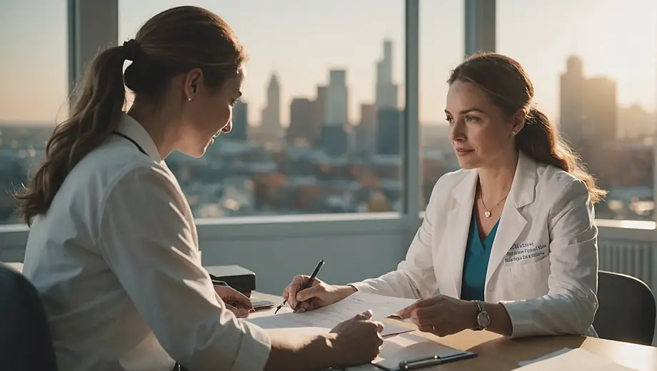 A healthcare professional discusses coverage options with a customer at a clinic, both engaged in a conversation while reviewing documents.