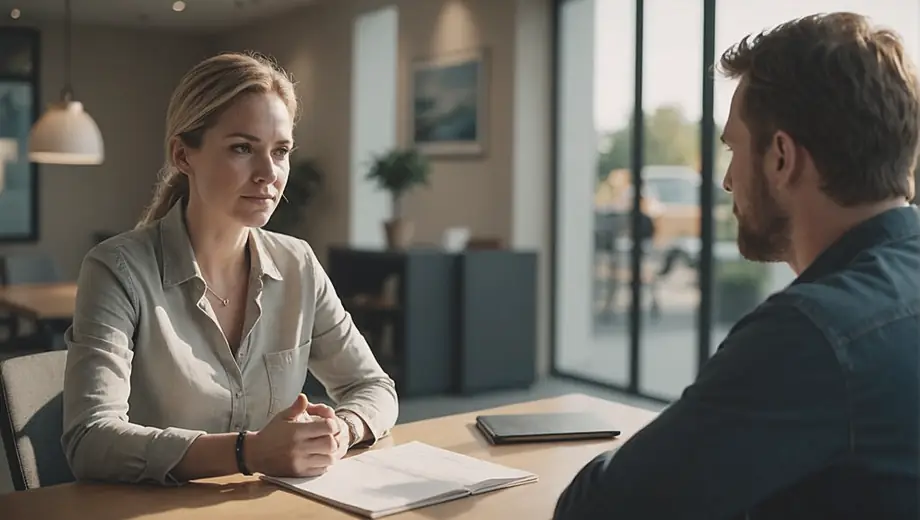 A customer and a professional engage in a discussion on site, focusing on mental health strategies and support. The setting is a calm, inviting space that promotes open conversation and understanding.