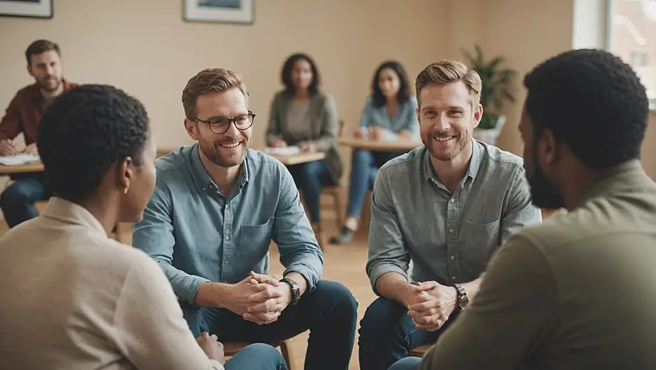 A diverse group of individuals engaged in a discussion at a mental health clinic, showcasing supportive interactions and a warm, welcoming environment.
