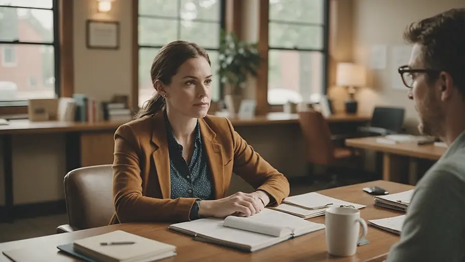 A person sits at a desk in a counseling center, engaged in a thoughtful conversation with a client, surrounded by warm decor and supportive materials.