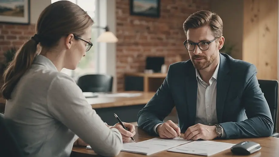 A customer and a professional discuss mortgage options at a cozy office setting, with paperwork and a laptop on the table between them.