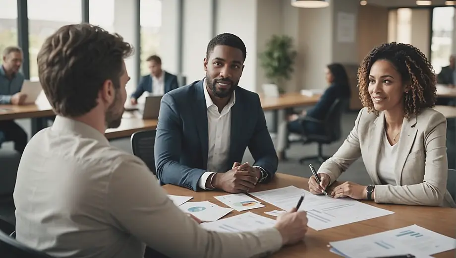 A diverse group of people discussing mortgage options with a mortgage broker in a modern office setting, surrounded by paperwork and financial documents.