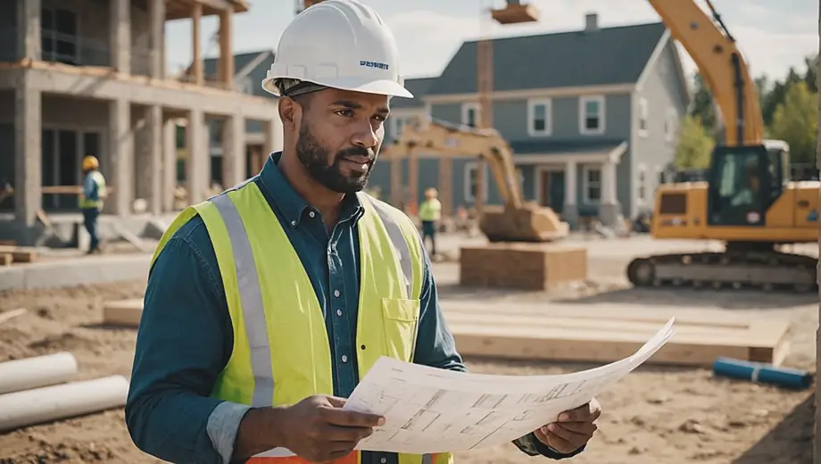 A mortgage lender stands confidently at a construction site, reviewing blueprints and discussing financing options with a contractor.