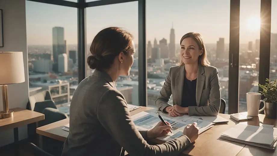 A customer discusses home financing options with a professional home loan provider at a cozy office, surrounded by brochures and a welcoming atmosphere.