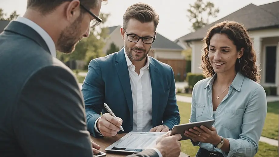 A mortgage broker discusses financing options with a customer at a property site, reviewing documents and pointing out key details on a tablet.